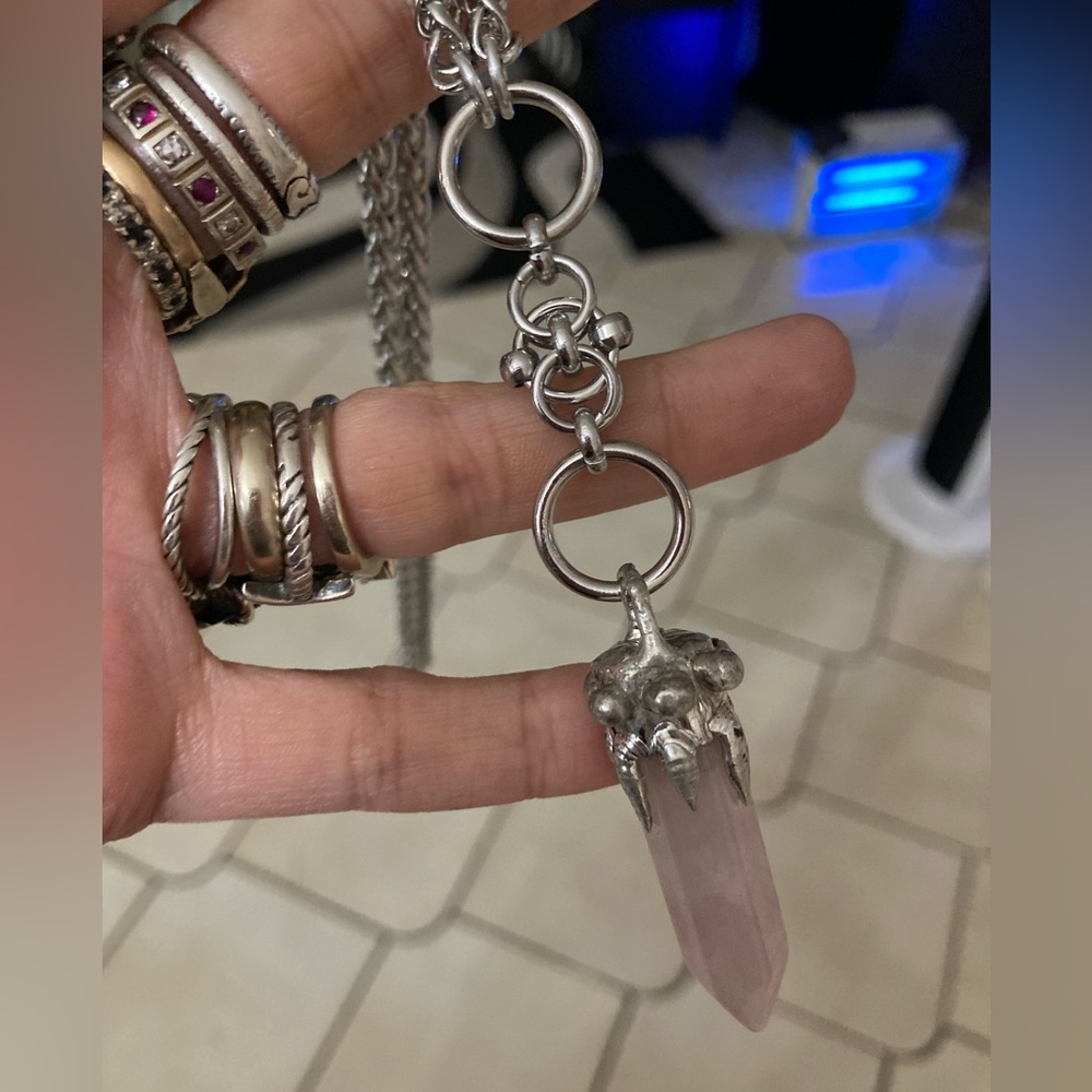 Genuine rose quartz bullet stainless steel maille celtic knot lariat Y necklace - Picture 15 of 16